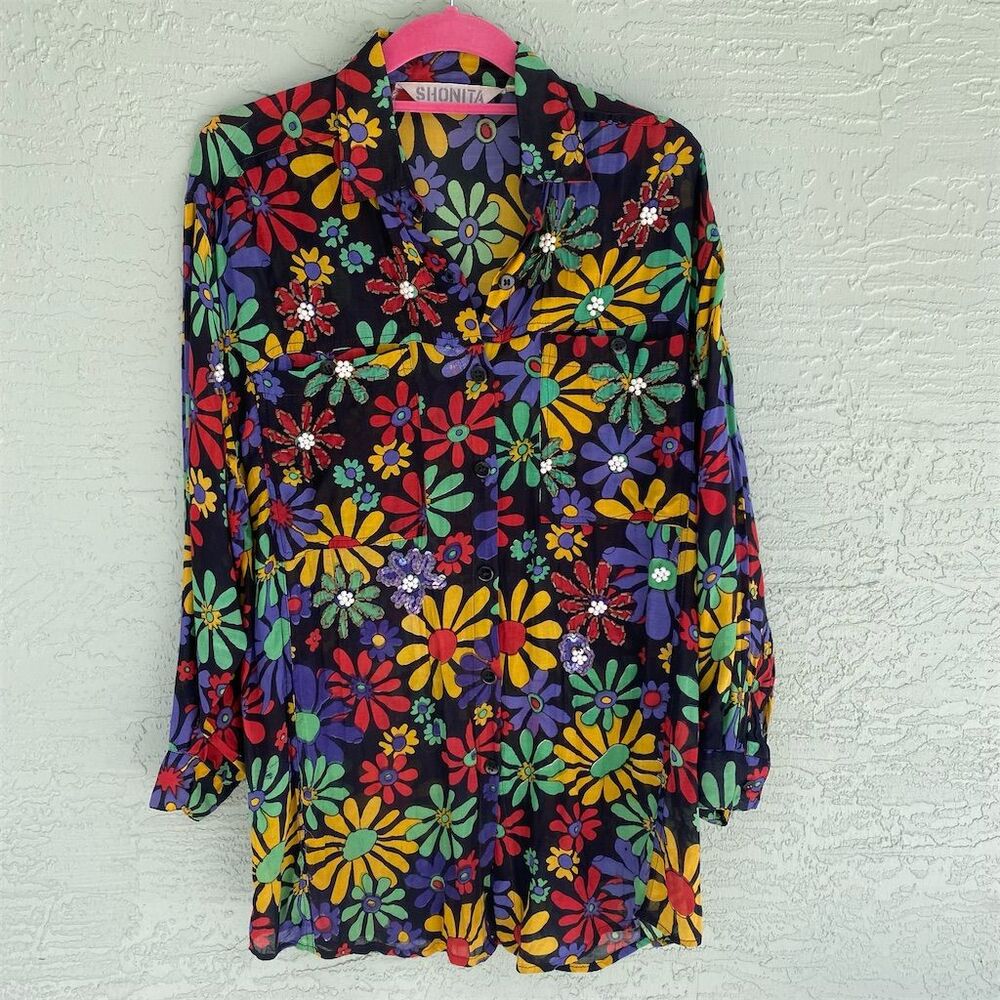 Shonita Women's Vintage Floral Tunic Blouse V-Neck Long Sleeve S
